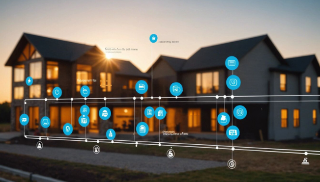 Timeline graphic illustrating the stages of custom home building from planning to completion with representative icons.