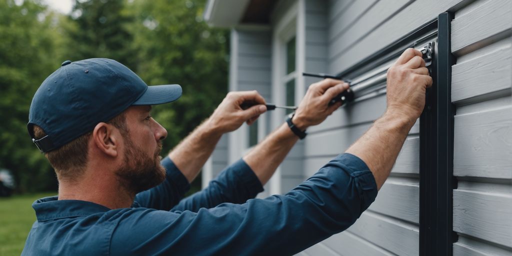 Worker installing vinyl siding on a house exterior wall.